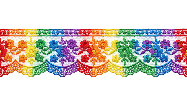 Rainbow floral embroidery lace border, colorful pride flag spectrum textile trim, vibrant scalloped fabric ribbon with flower pattern on white