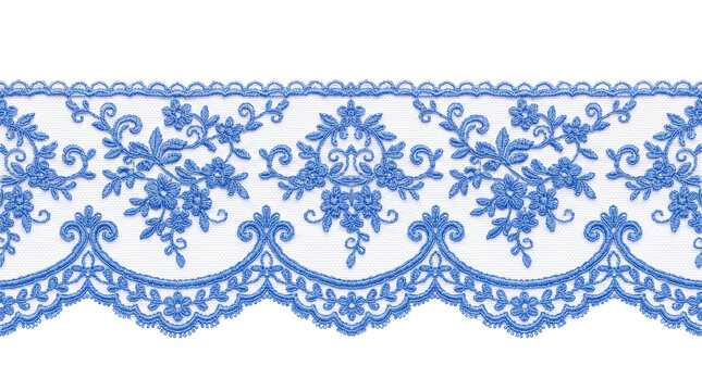 Vintage blue lace border with floral embroidery, elegant scalloped lace trim, decorative damask flower pattern on white background
