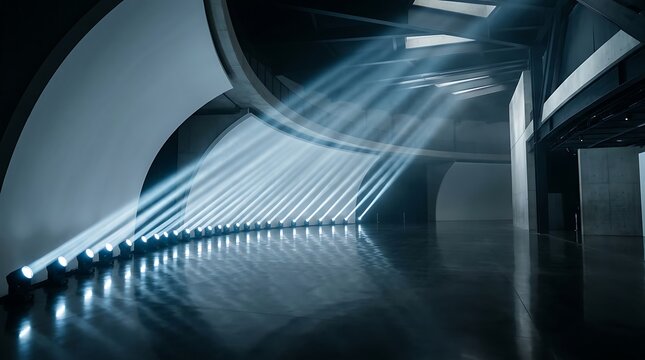 Modern interior hall with stage spotlights and light beams