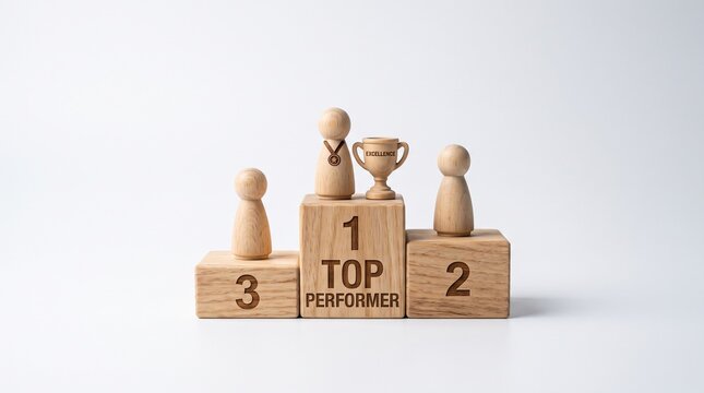 Wooden peg figures on a numbered podium with a trophy, representing employee recognition and workplace rewards programs concept