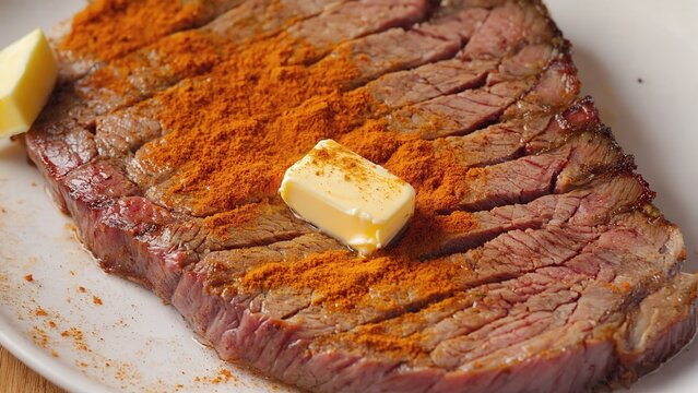 Sliced beef steak with seasoned butter