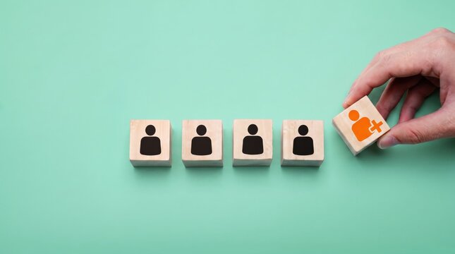 Hand placing wooden block with orange user icon next to black silhouettes, team building, adding new employee, recruitment process, human resources management