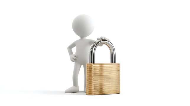 Minimalist 3D stick figure standing with a large padlock, representing cybersecurity, privacy, secure access, trust, and data protection.