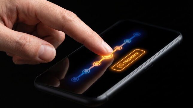 Close up hand touching feedback button on smartphone screen, customer satisfaction survey, user experience rating, mobile app interface, digital communication and service quality