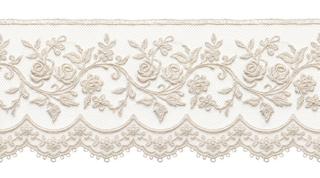 Vintage ivory lace border with floral embroidery, elegant white rose lace trim for wedding invitations, delicate textile fabric pattern on white background