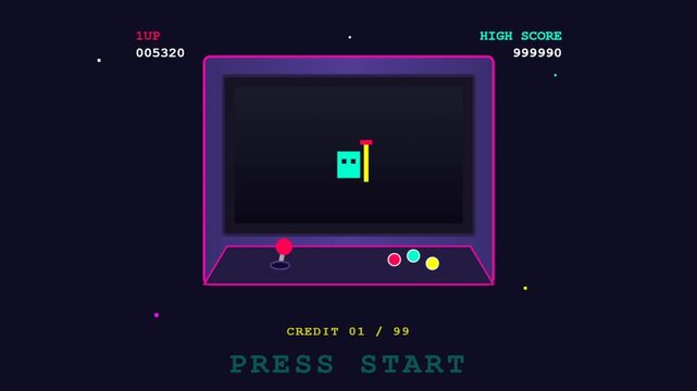 Retro arcade start screen animation in neon glow.