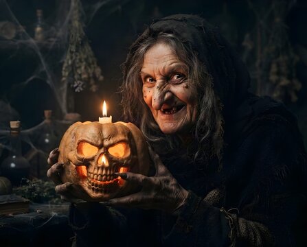 Halloween: strega che regge una zucca illuminata a forma di teschio circondata da pipistrelli e gatto nero