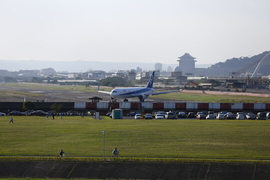 An ANA Boeing 767 Taxis at Songshan Airport.