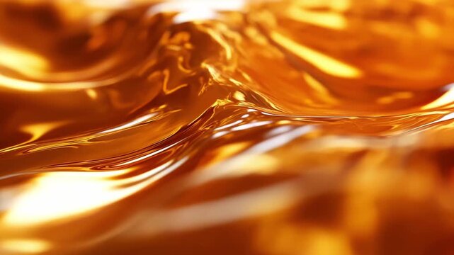 Golden material shifts and flows, creating patterns and reflections in close up detail and showcasing light interactions