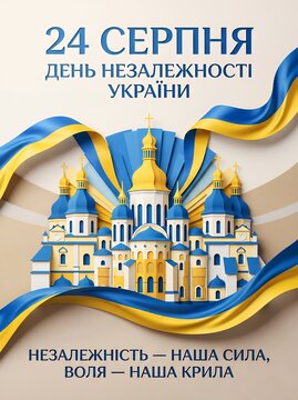 Ukraine Independence Day August 24 Poster in 3D Paper Cut Art Style