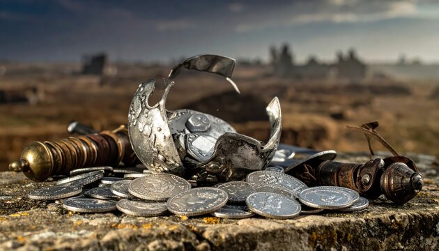 Broken helmet filled with silver coins, abandoned sword hilt, on stone, battlefield background