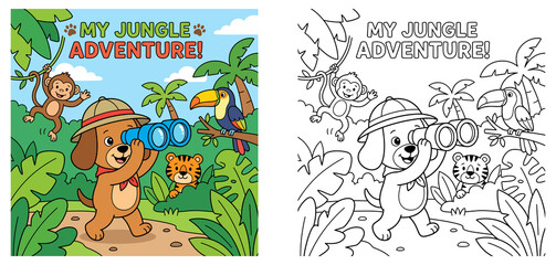 Cute Jungle Adventure Explorer Dog with Binoculars Monkey Toucan Tiger Coloring Page and Colored Cartoon Vector Illustration Activity for Kids