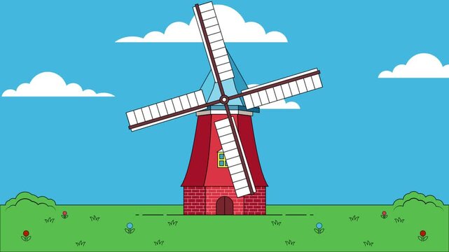 Cartoon windmill in a green field with blue sky and clouds