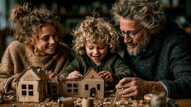 A heartwarming family moment as parents and child joyfully build a cardboard house together in a cozy home setting, captured in soft natural light.