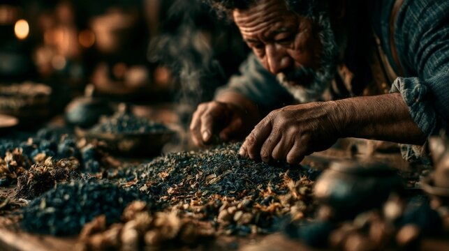 A cinematic close-up of an artisan blending dried herbs and tea leaves in a warm, softly lit workshop with visible steam and textured ingredients.