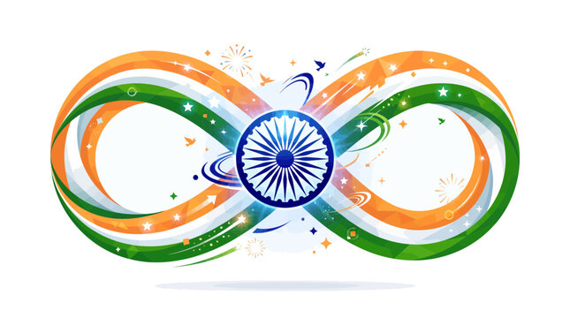 Infinity symbol illustrated with vibrant saffron white and green ribbons incorporating the traditional Indian Ashoka Chakra wheel design element creating a patriotic digital graphic celebration