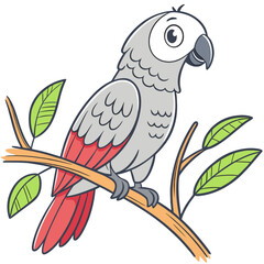 Fototapeta premium African Grey Parrot Illustration for Educational and Wildlife Content. Hand-Drawn Vector of a Parrot on a Branch.