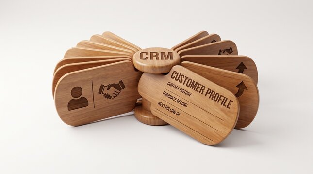 Wooden rolodex organizer with CRM and customer profile text, representing customer relationship management concept in sales and business development, studio shot on white background