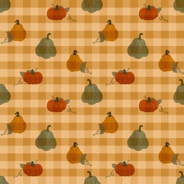Seamless autumn pumpkin pattern on gingham check, farmhouse fall harvest design with pumpkins and gourds for fabric, wrapping paper and wallpaper