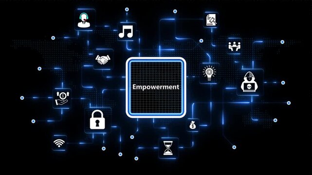 Empowerment strategy theme surrounded by modern corporate icons on glowing blue futuristic digital network nodes over abstract dark backdrop.