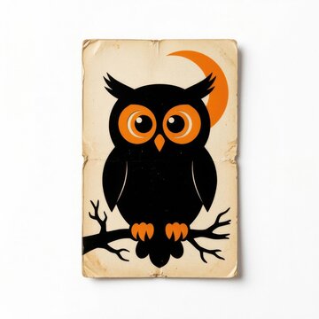 Halloween owl illustration on kraft paper background. Spooky night bird with glowing eyes perched on autumn branch.