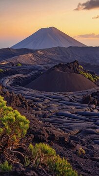 Volcanic terrain with distant mountain peak