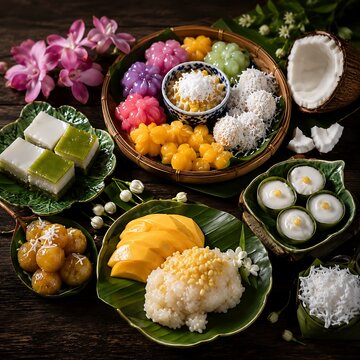Colorful Assortment of Traditional Asian Desserts Displayed on a Rustic Wooden Background with Fresh Flowers