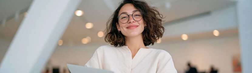 Obraz premium Confident woman smiling in modern office with laptop for business profile banner and website background
