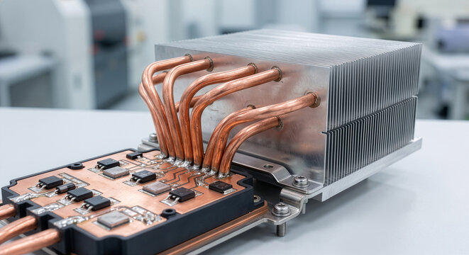 銅製ヒートパイプと大型フィンを備えた高効率ヒートシンクおよびパワー半導体基板。EVやAIサーバー向け次世代熱マネジメントと冷却システムの概念