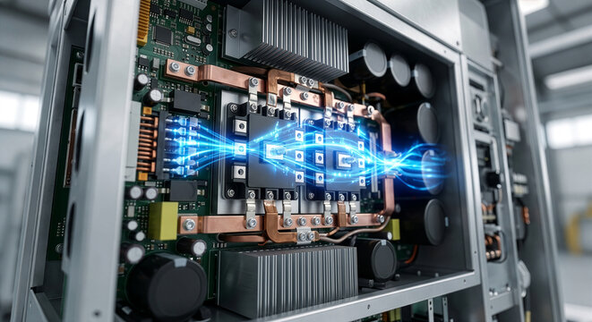 青い光のエネルギーが流れるパワー半導体モジュールと回路基板。電気自動車や産業機器向け次世代パワーエレクトロニクスおよび高効率電力変換の概念