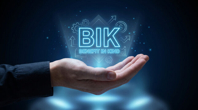 Glowing "BIK" (Benefit in Kind) concept above an open hand, representing employee benefits, taxable compensation, payroll, HR management, corporate finance, and modern tax compliance.