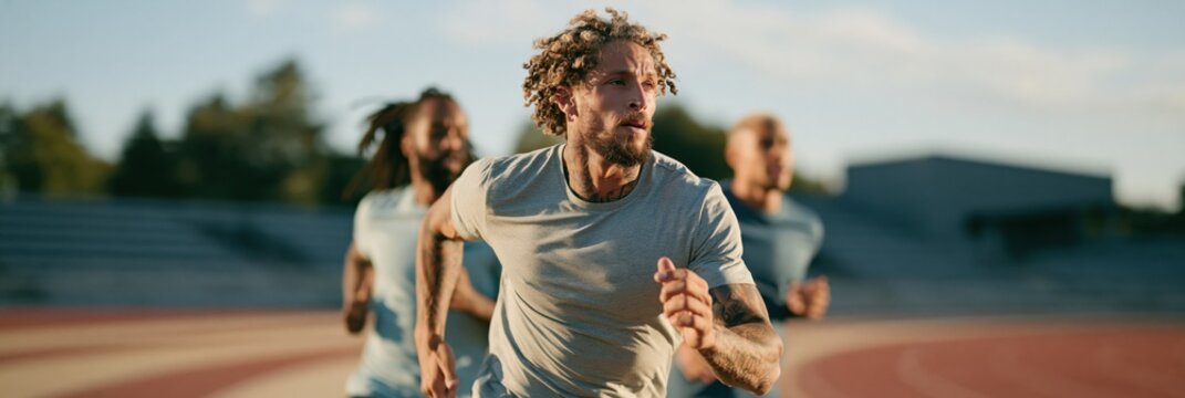 Male runner sprinting with competitors on outdoor track for athletic training banner and sports performance background design