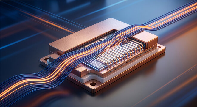 銅製ベースと配線が施された最先端パワー半導体モジュールと光るデータライン。EVやAIデータセンター向け次世代パワーエレクトロニクスと高速エネルギー伝送の概念