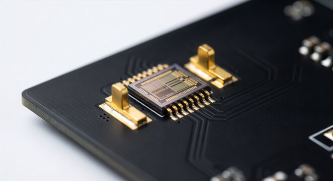 黒い基板上に実装された超小型パワー半導体ダイと金メッキ端子のマクロ撮影。次世代AIプロセッサや超精密電子回路の研究開発と製造技術の概念