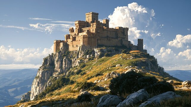 High angle view of stone castle sitting on rocky summit, tan brick towers and ramparts, vegetated hillside, layered blue mountains and cloudy sky, painterly detailed artwork