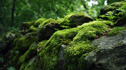 Fototapeta premium Lush moss blankets ancient rocks in a dense, vibrant forest setting, evoking tranquility and natural beauty