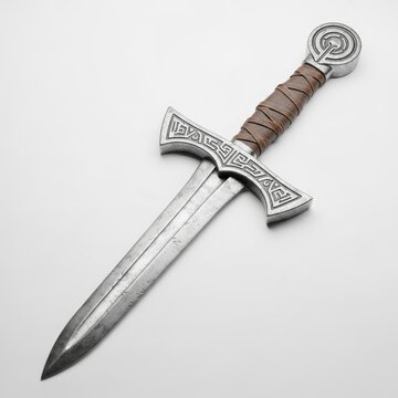 Ancient Ornate Dagger with Intricate Hilt and Blade on White Background.