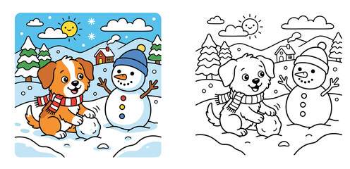 Cute Dog Building Snowman in Winter Landscape Coloring Page and Colored Vector Illustration for Kids Activity (116 characters)