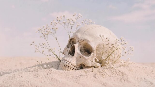Ethereal desert scene with delicate white flowers blooming from a weathered skull. A stark yet beautiful contrast emerges as tiny white blossoms sprout from the eye sockets