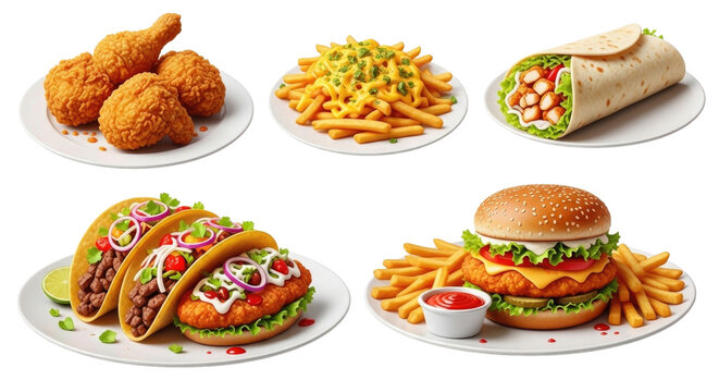 Fast food assortment on white plates ready to eat. Variety of delicious isolated snacks and meals in transparent PNG cutout.