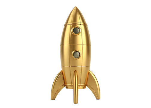 Shiny golden space rocket ship standing upright isolated on transparent background