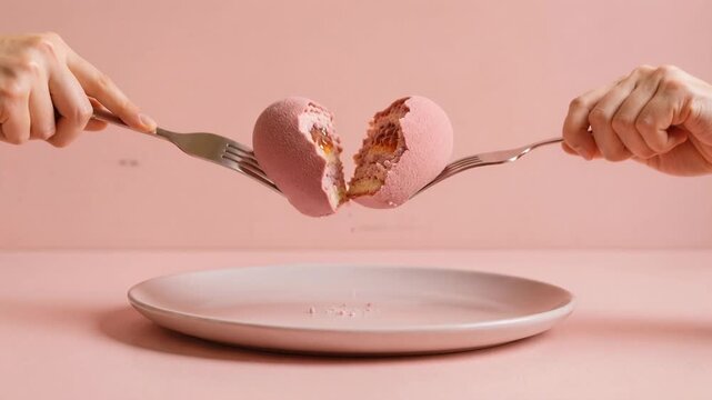 Delicate heart-shaped mousse cake being lifted by a fork from a plate. A close-up shot shows a hand using a fork to lift a beautifully crafted heart-shaped mousse cake
