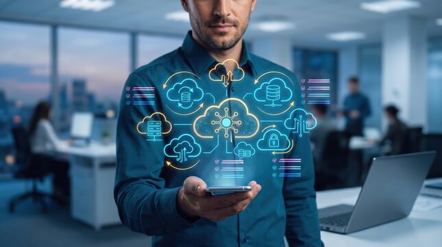 Professional man analyzing cloud computing infrastructure and data storage network connections via smartphone, visualizing server synchronization, cybersecurity, big data