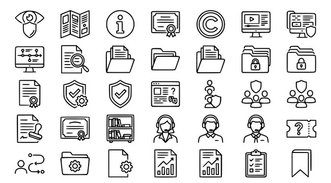 Professional Legal Information and Documentation Black Outline Icon Pack with Privacy Policy Tutorial Guide and Knowledge Base Editable Stroke Vector Symbols