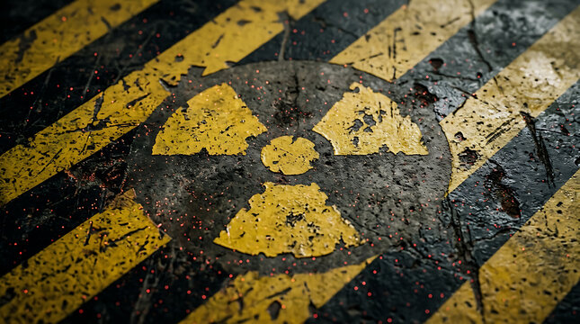Grungy radiation hazard symbol painted on weathered industrial floor surface