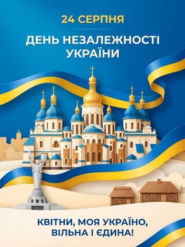 Ukraine Independence Day August 24 Poster in 3D Paper Cut Art Style