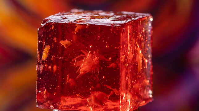 A translucent red Jell-O cube with suspended fruit pieces, showcasing its gelatinous texture and sweet interior, perfect for a refreshing dessert.
