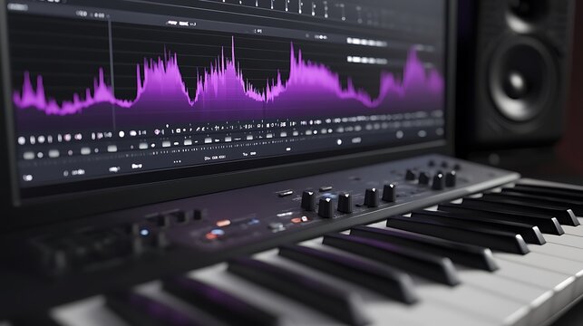 Close-up of a digital audio workstation with a keyboard and audio waveform displayed on the screen.
