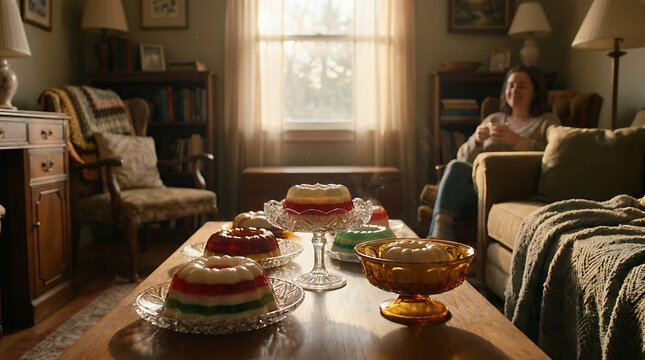 Layered Jell-O desserts in vintage glass dishes on a wooden table with soft window light