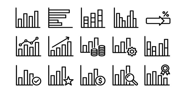 Bar graphs and line charts a collection of flat monochrome icons on a black background